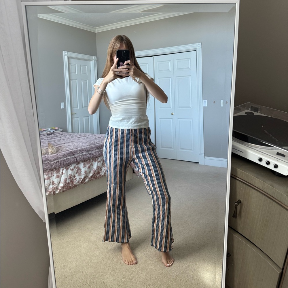 Free People Striped Boot Cut Lounge Pants in Blue, Cream, and Brown
